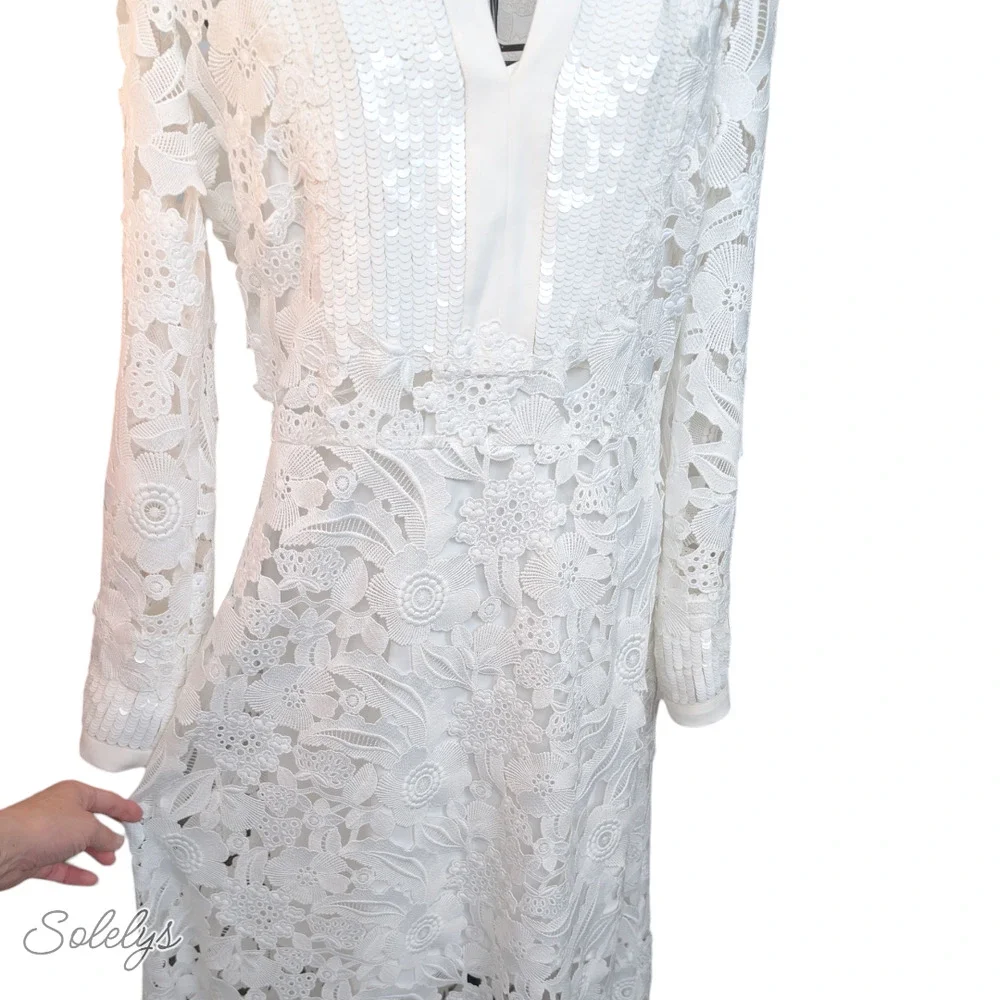 Sachin & Babi Cynthia White Floral Lace Sequin Bridal Wedding Gown Dress Medium - Picture 6 of 10
